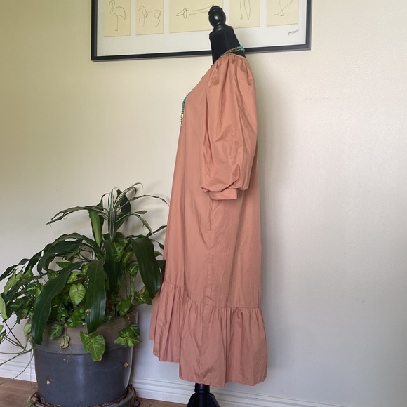 A New Day Long Puff Sleeve V-Neck Midi Dress Ruffle Hem Pockets - Picture 3 of 12